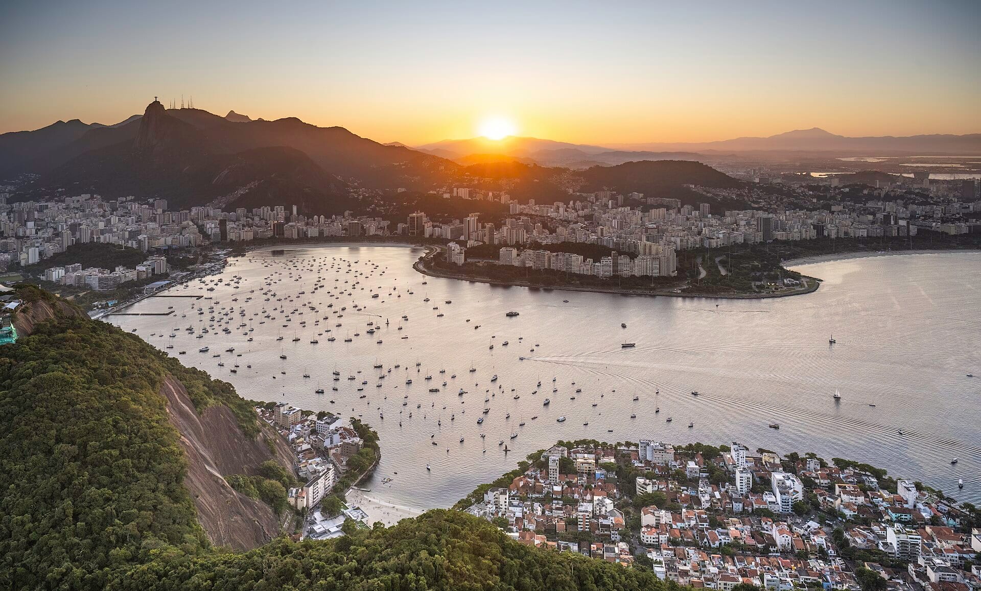 Rio de Janeiro and Guanabara Bay at sunset, with Christ the Redeemer on Corcovado, Brazil