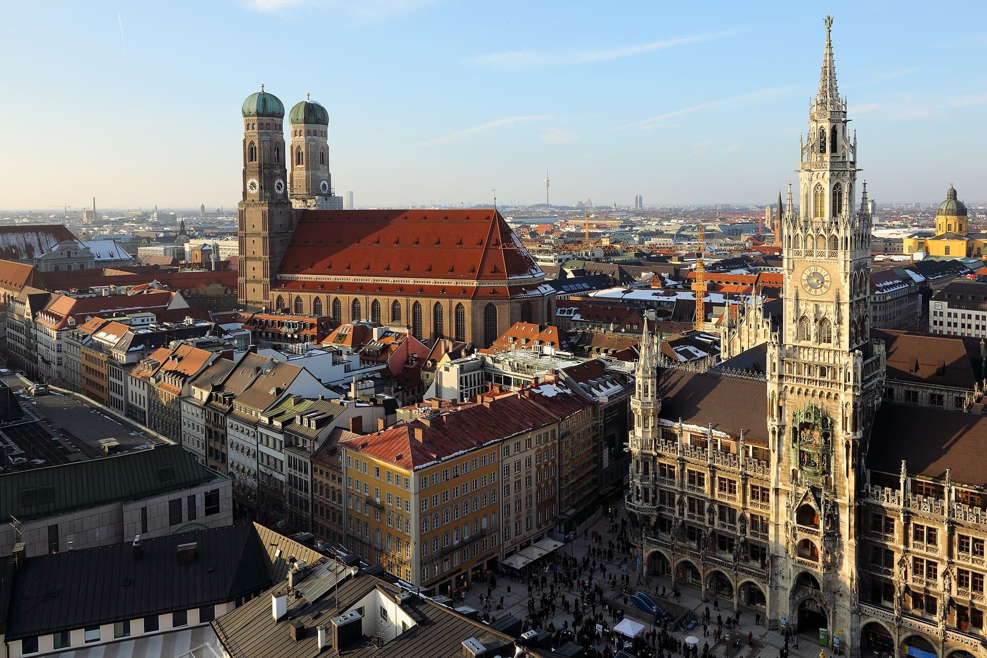 The Frauenkirche and New Town Hall on Marienplatz in Munich, Germany
