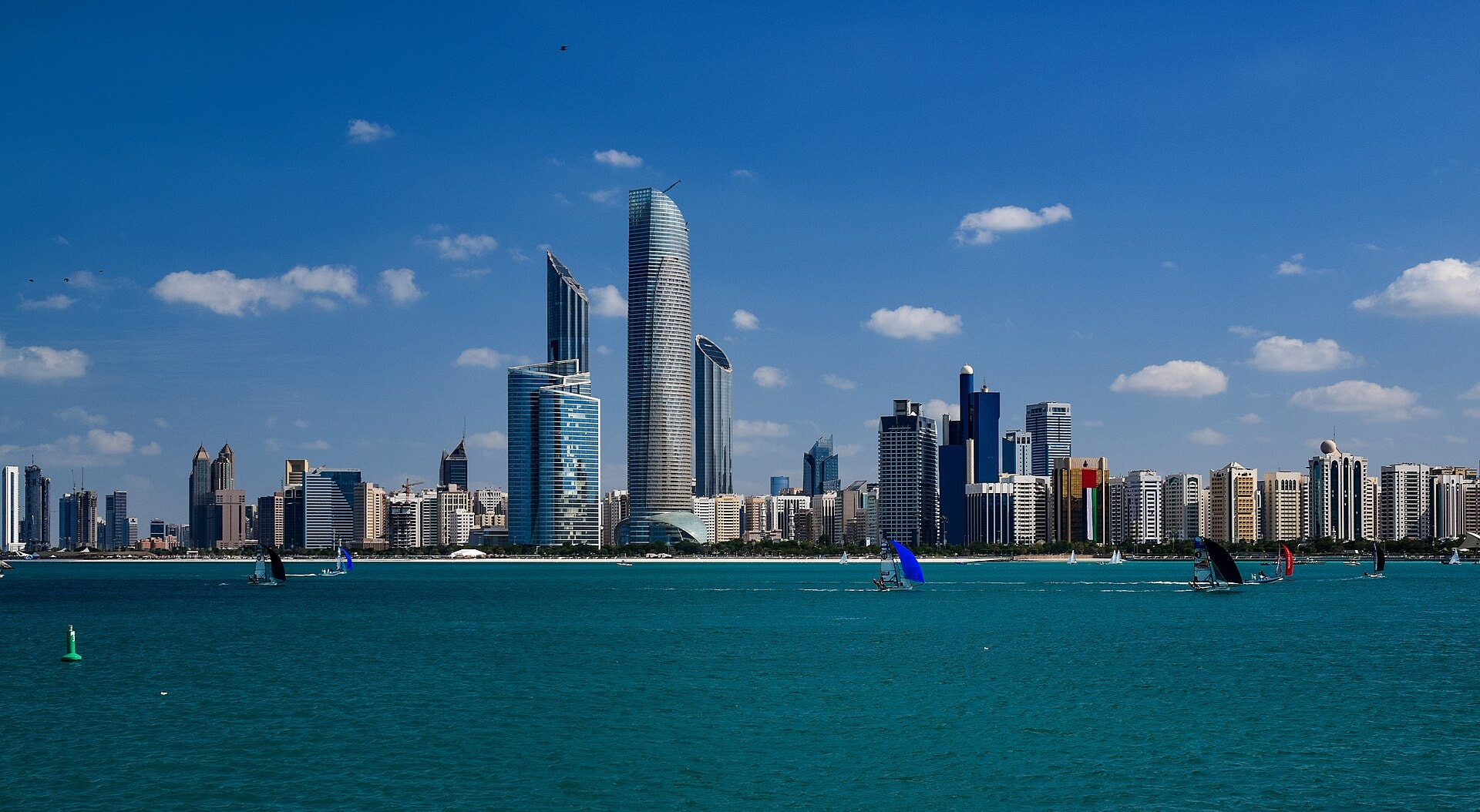 The Abu Dhabi skyline along the Corniche, United Arab Emirates